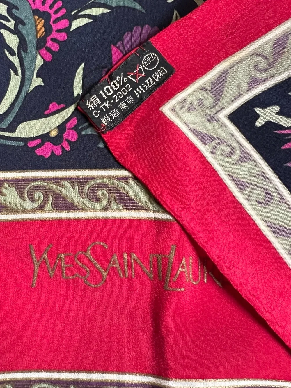 Yves Saint Laurent Vintage Silk Scarf Floral Print Square Shawl Red Pink Navy